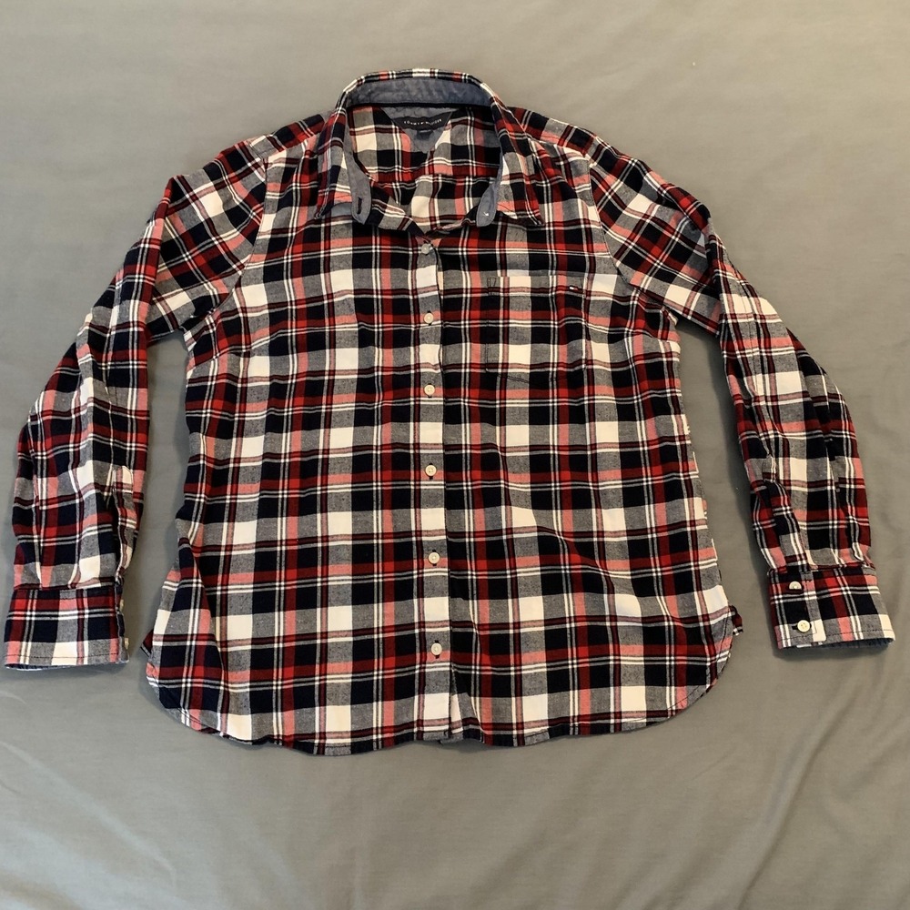Tommy Hilfiger Shirt Womans Large Red White Black Plaid Flannel Button Up Casual